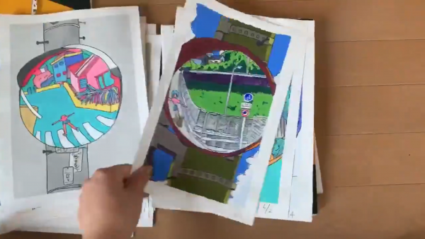 カーブミラーとそこに映る風景の絵